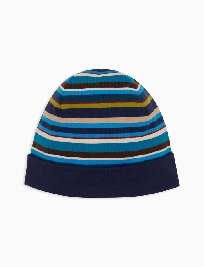 Berretto bambino cotone righe multicolor e risvolto tinta unita blu - Gallo 1927 - Official Online Shop