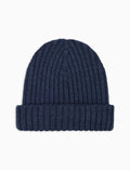 Berretto con risvolto bambino lana, seta e cashmere blu a coste tinta unita - Gallo 1927 - Official Online Shop