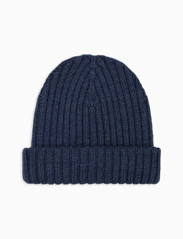 Berretto con risvolto bambino lana, seta e cashmere blu a coste tinta unita - Gallo 1927 - Official Online Shop