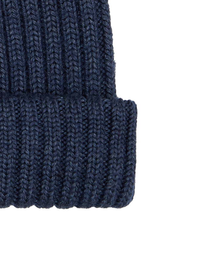 Berretto con risvolto bambino lana, seta e cashmere blu a coste tinta unita - Gallo 1927 - Official Online Shop