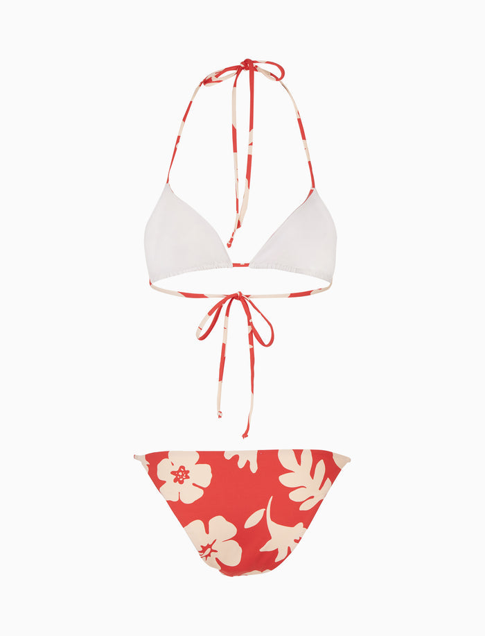Bikini triangolo donna fantasia fiori su fondo rosso
