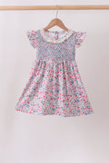 Blue Floral Smocked Ruffle Dress