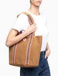 Borsa shopping grande donna in canvas di cotone beige tinta unita