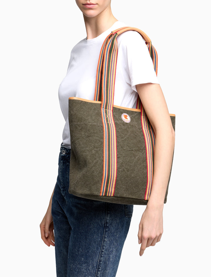 Borsa shopping grande donna in canvas di cotone verde tinta unita