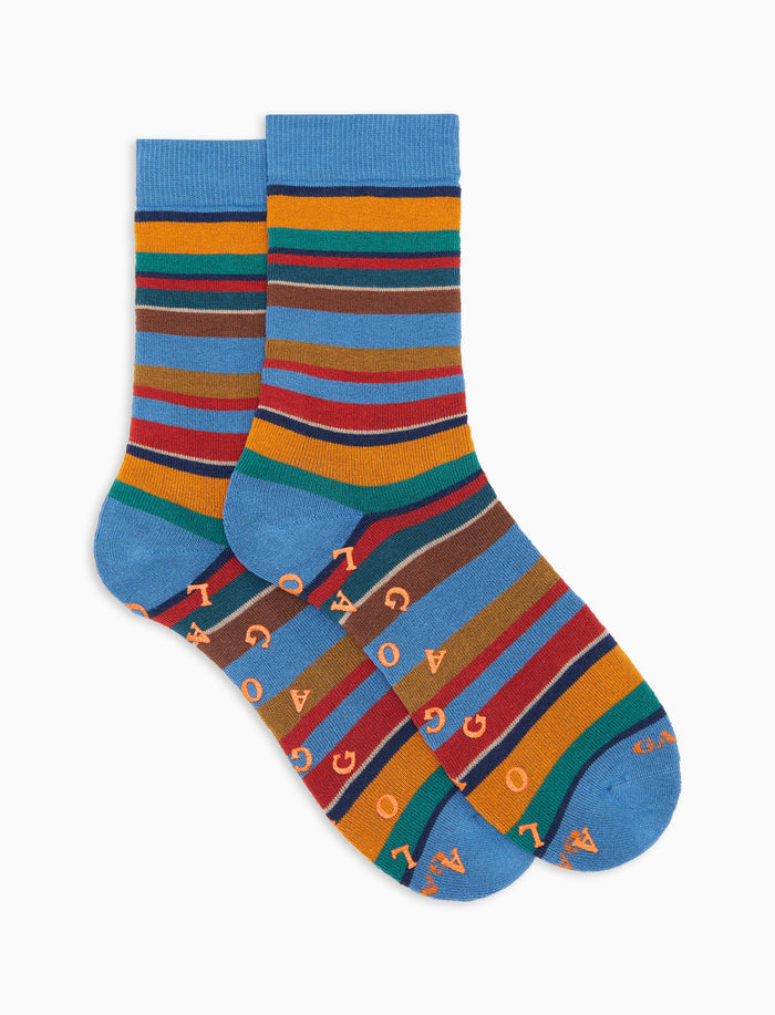 Calze corte antiscivolo donna cotone caldo azzurre righe multicolor
