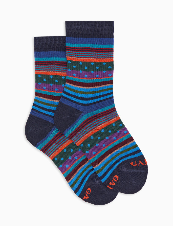 Calze corte bambino cotone caldo blu fantasia mix righe e pois