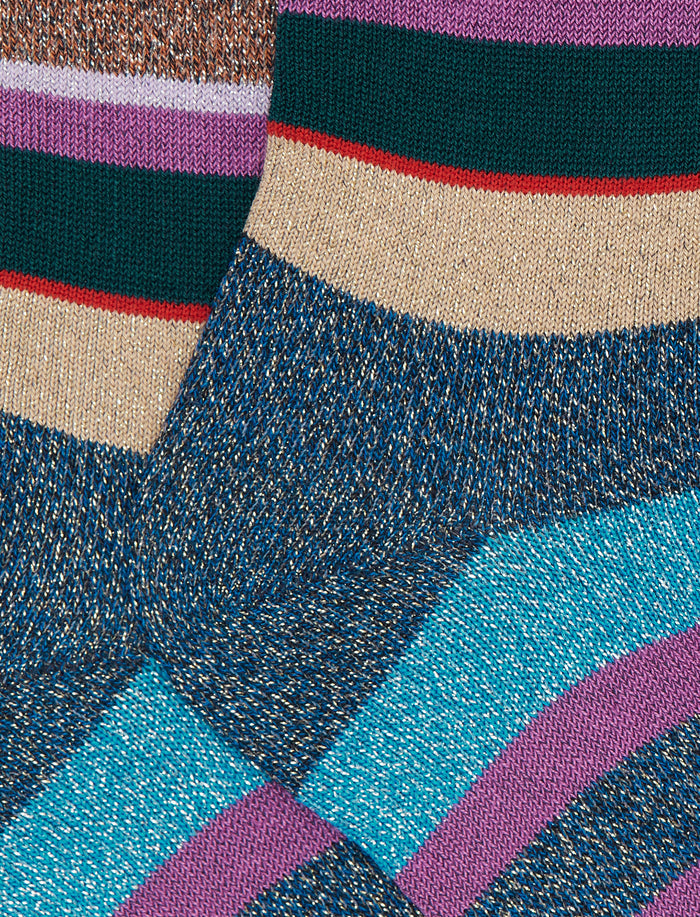 Calze corte bambino cotone caldo effetto scintillante blu righe multicolor