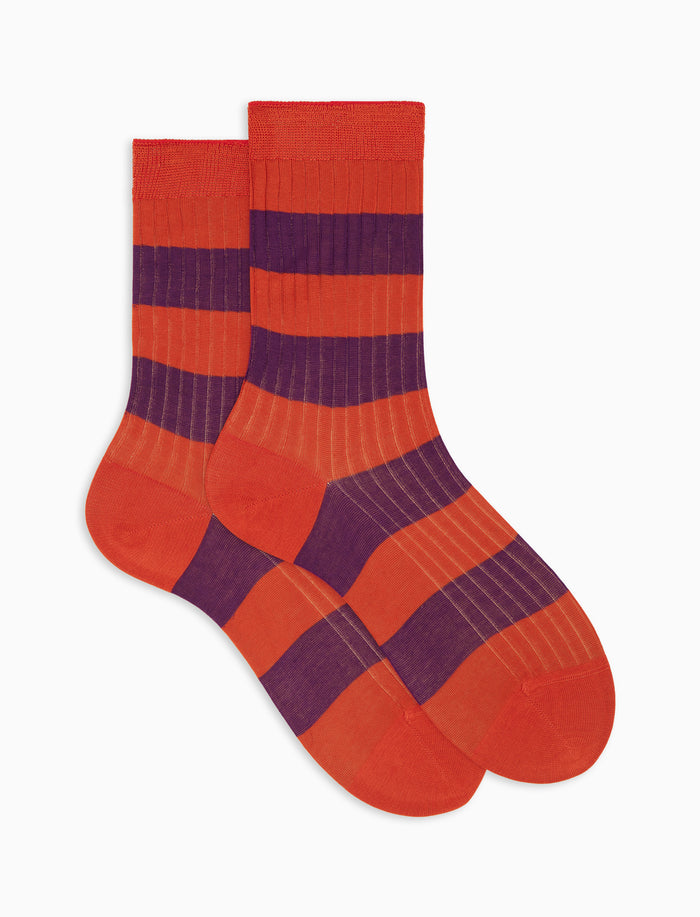 Calze corte donna cotone a costa righe bicolore arancio