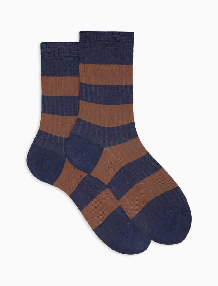 Calze corte donna cotone a costa righe bicolore blu