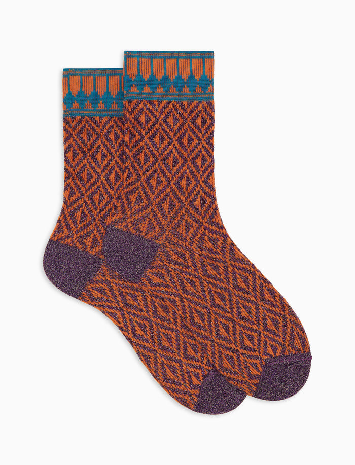 Calze corte donna cotone arancio con effetto scintillate fantasia geometrica