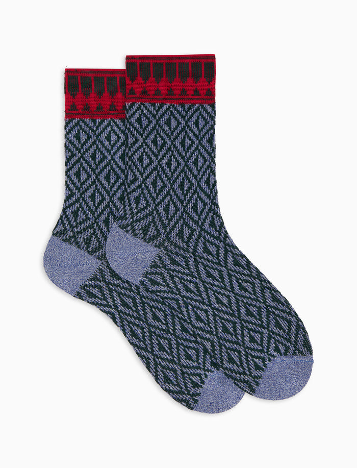 Calze corte donna cotone azzurre con effetto scintillate fantasia geometrica