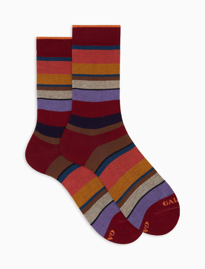 Calze corte donna cotone bordò righe multicolor - Gallo 1927 - Official Online Shop