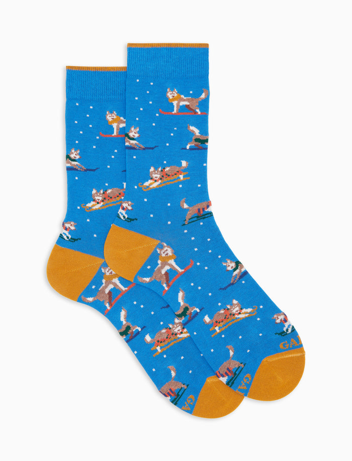 Calze corte donna cotone caldo azzurre fantasia husky sulla neve