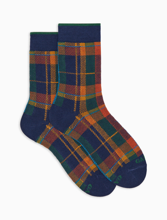 Calze corte donna cotone caldo blu fantasia tartan