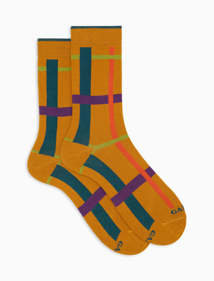 Calze corte donna cotone caldo gialle fantasia tartan geometrico