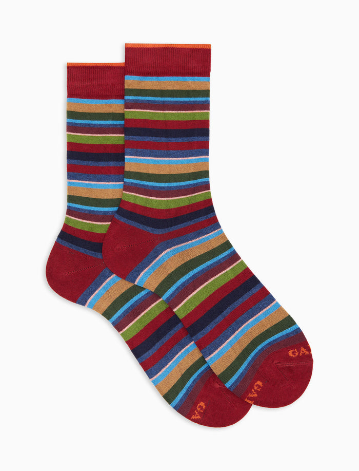 Calze corte donna cotone e cashmere bordò righe multicolor micro