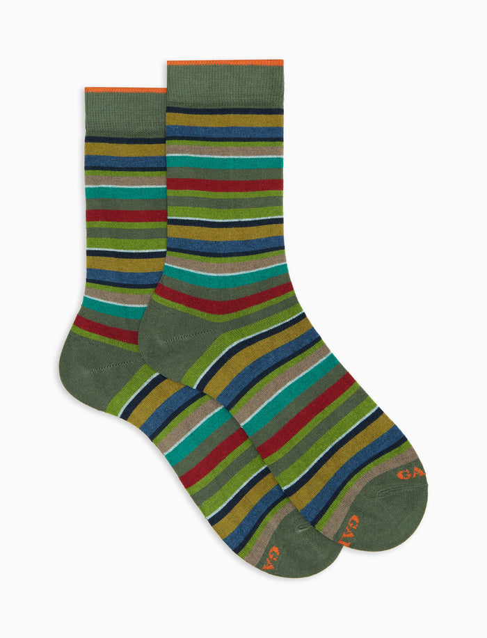 Calze corte donna cotone e cashmere verdi righe multicolor micro