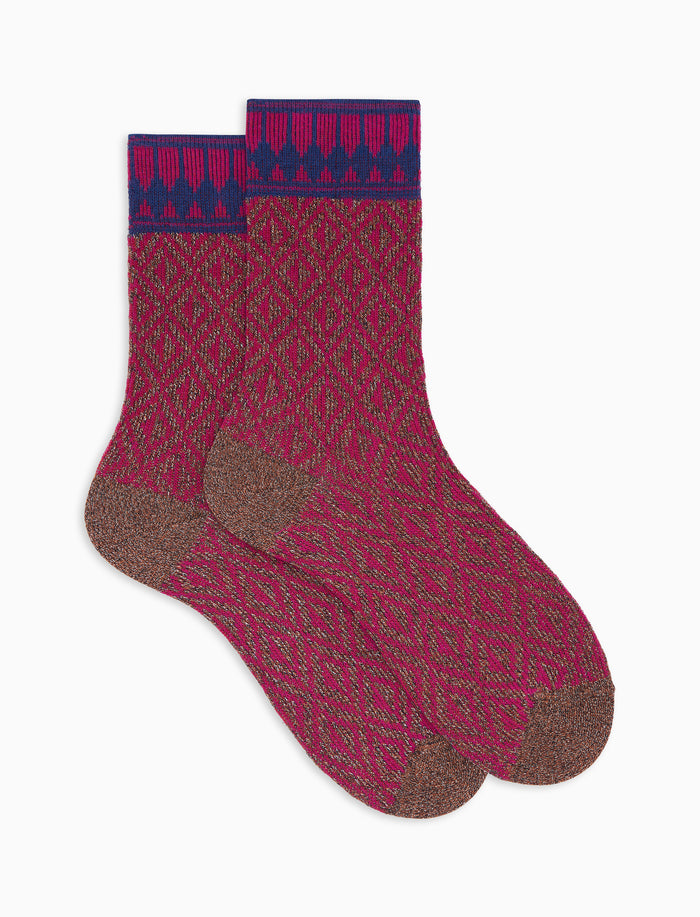 Calze corte donna cotone fucsia con effetto scintillate fantasia geometrica