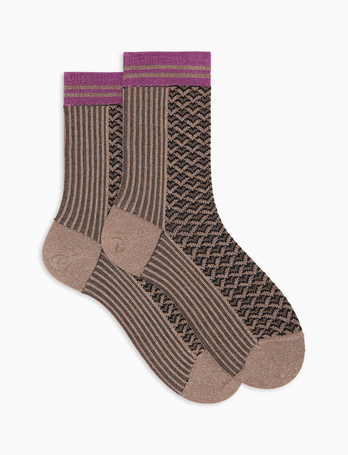 Calze corte donna cotone grigie fantasia twin rib e micro geometria effetto scintillante