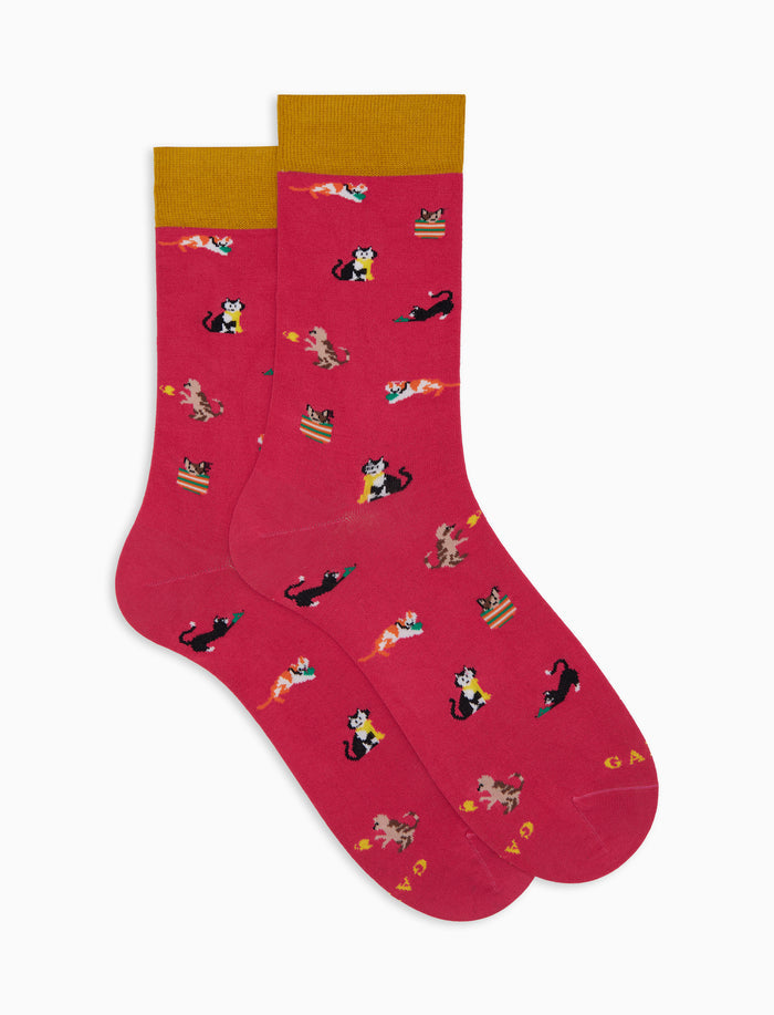 Calze corte donna cotone leggero fucsia fantasia gatti