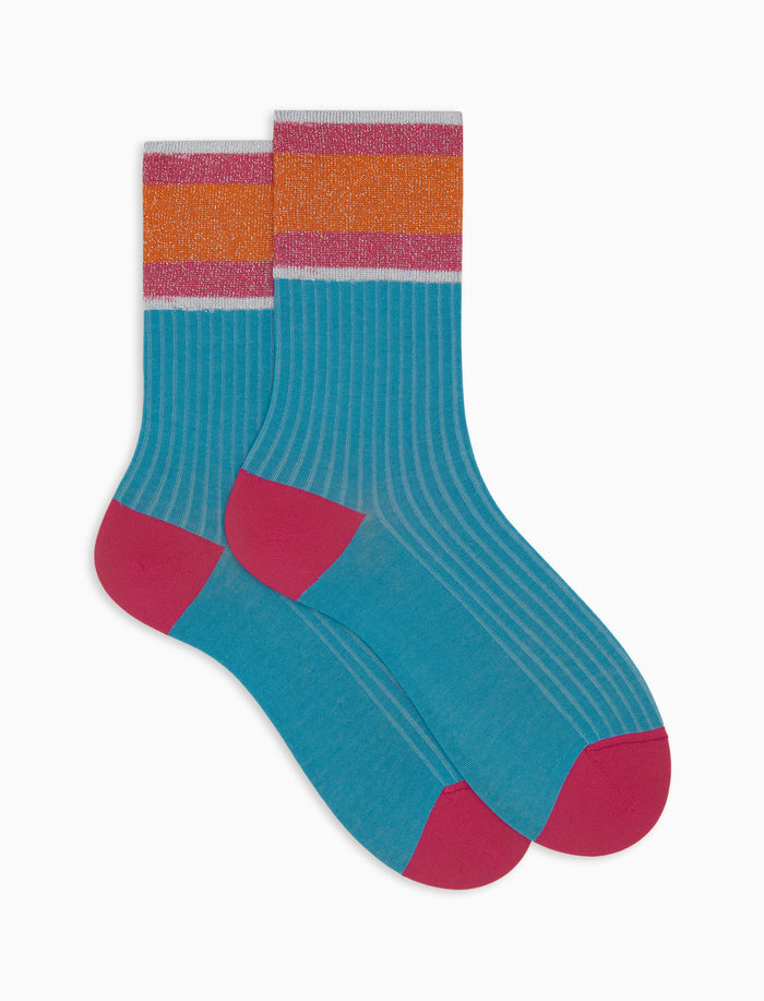 Calze corte donna cotone tinta unita a coste polso righe con effetto scintillante azzurro - Gallo 1927 - Official Online Shop