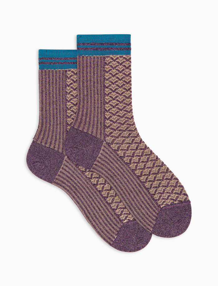 Calze corte donna cotone viola fantasia twin rib e micro geometria effetto scintillante