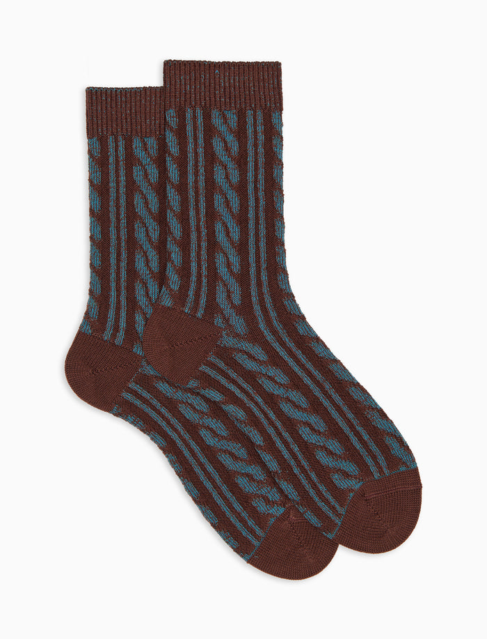 Calze corte unisex lana e cotone marrone lavorazione trecce a due colori