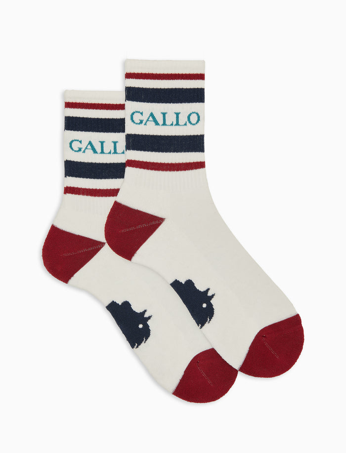 Calze corte unisex spugna di cotone bianco con righe e scritta gallo