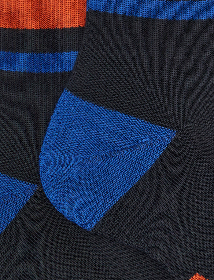 Calze corte unisex spugna di cotone blu con righe e scritta gallo