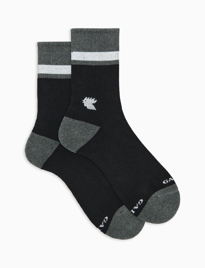 Calze corte unisex spugna di cotone nero con righe e testa gallo