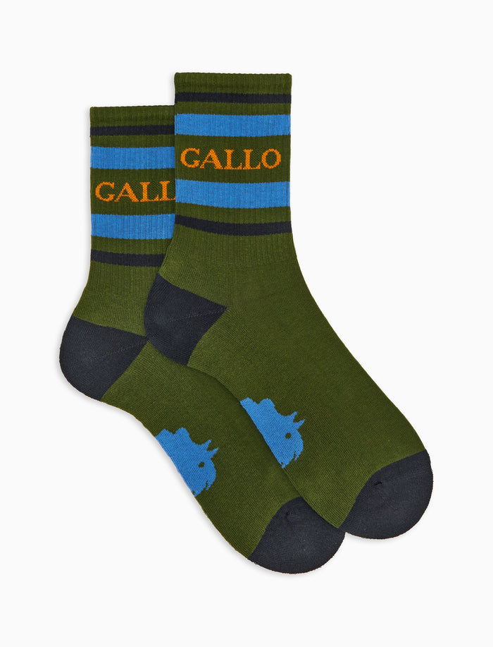 Calze corte unisex spugna di cotone verde con righe e scritta gallo