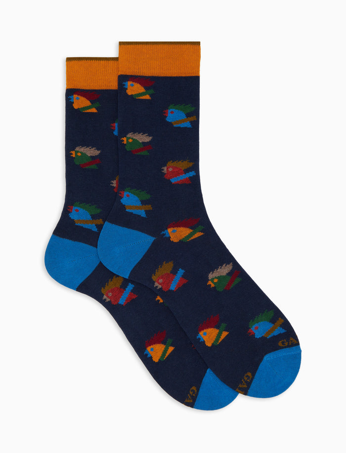 Calze corte uomo cotone blu fantasia galli multicolore - Gallo 1927 - Official Online Shop