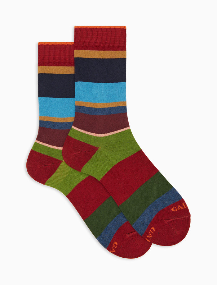 Calze corte uomo cotone e cashmere bordò righe multicolor macro