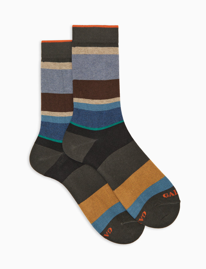 Calze corte uomo cotone e cashmere grigie righe multicolor macro