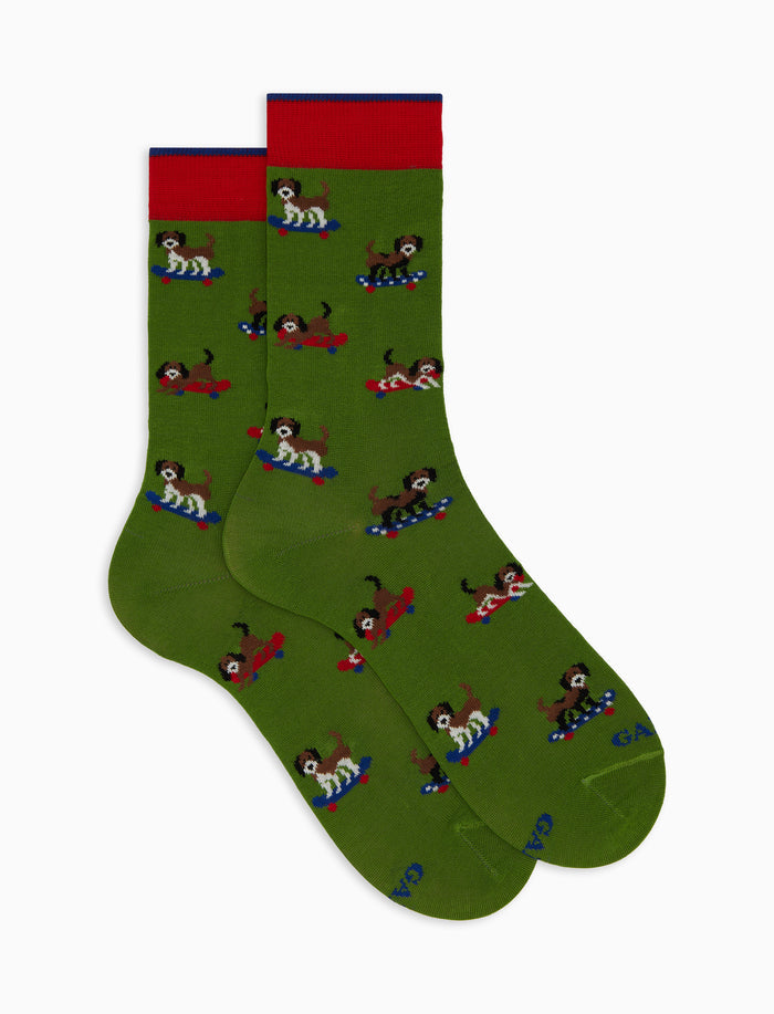 Calze corte uomo cotone fantasia cani verde - Gallo 1927 - Official Online Shop