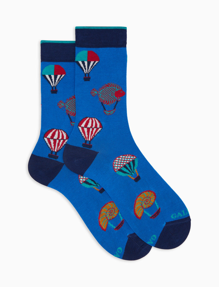 Calze corte uomo cotone fantasia mongolfiere su fondo azzurro - Gallo 1927 - Official Online Shop