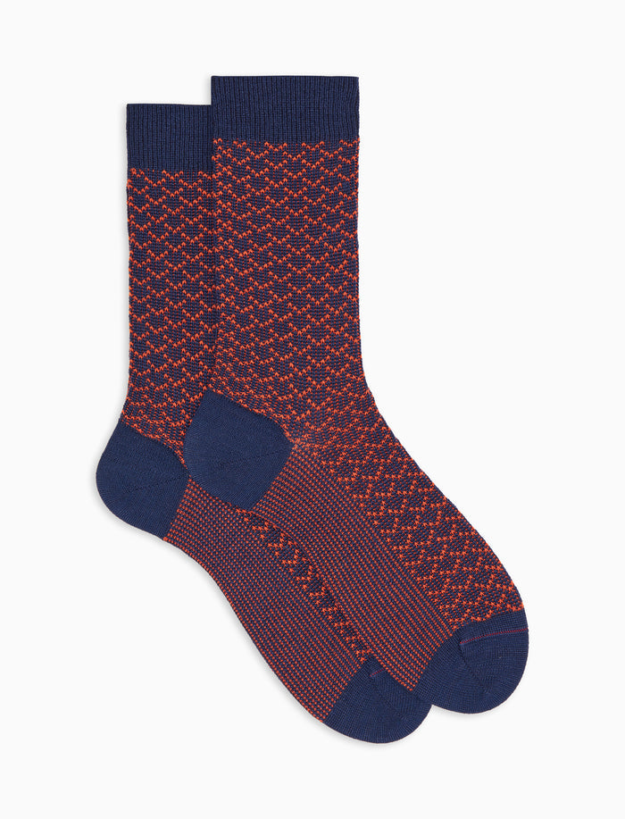 Calze corte uomo lana, seta e cashmere blu fantasia geometria
