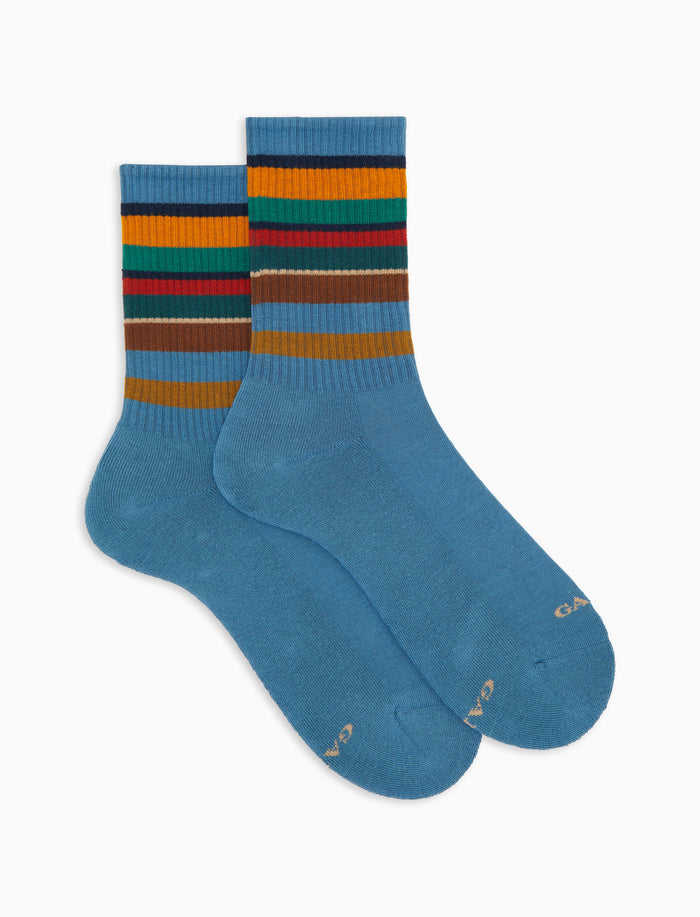 Calze corte uomo spugna di cotone caldo azzurre e fascia righe multicolor