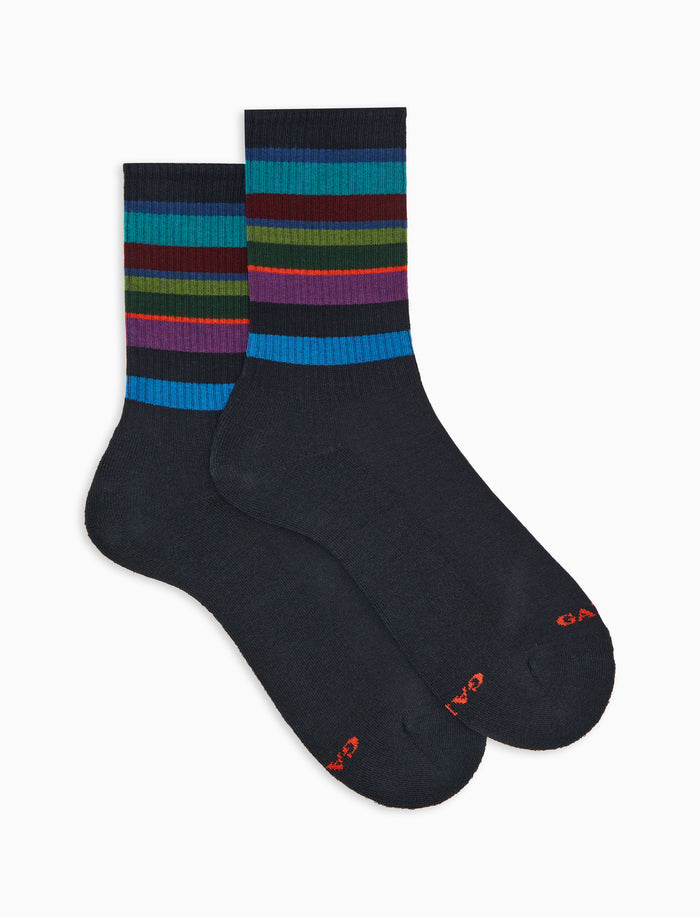 Calze corte uomo spugna di cotone caldo blu e fascia righe multicolor