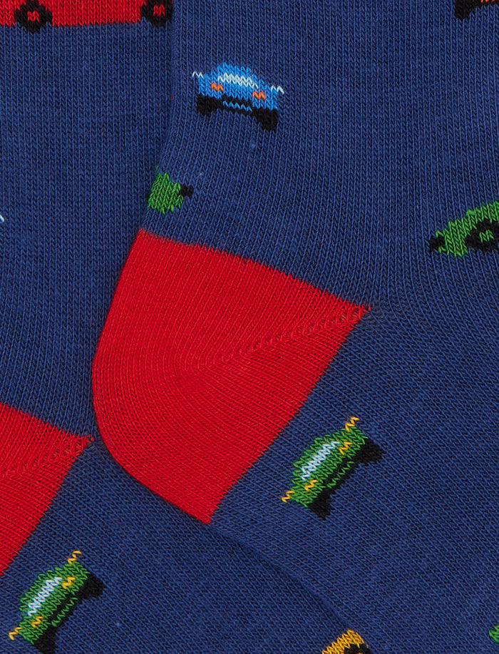 Calze lunghe bambino cotone caldo blu fantasia macchinine