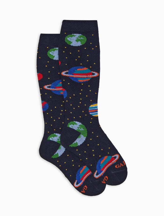 Calze lunghe bambino cotone caldo blu fantasia pianeti