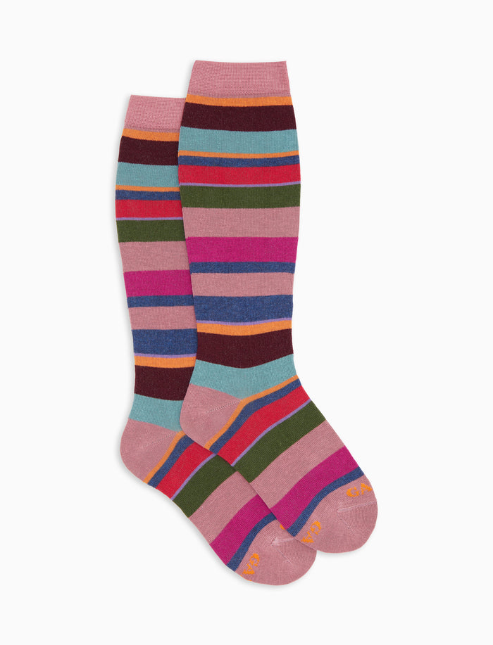 Calze lunghe bambino cotone caldo rosa righe multicolor