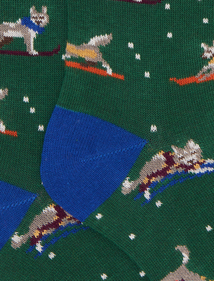 Calze lunghe bambino cotone caldo verde fantasia husky sulla neve