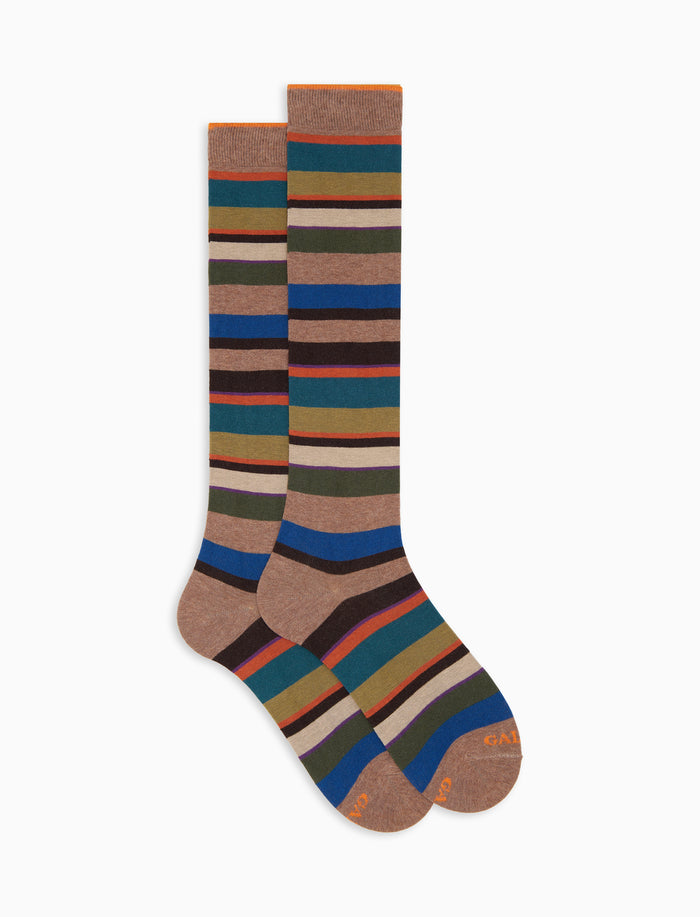 Calze lunghe donna cotone beige righe multicolor - Gallo 1927 - Official Online Shop