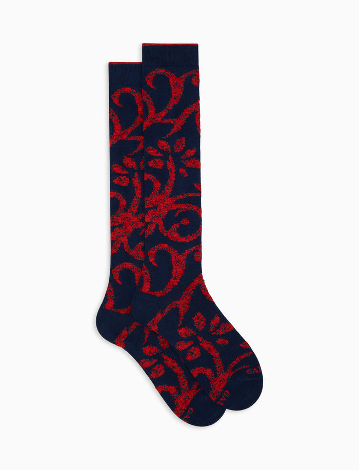 Calze lunghe donna cotone blu fantasia broccato - Gallo 1927 - Official Online Shop
