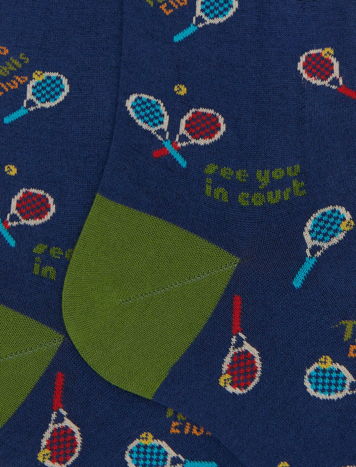 Calze lunghe donna cotone blu fantasia tennis - Gallo 1927 - Official Online Shop