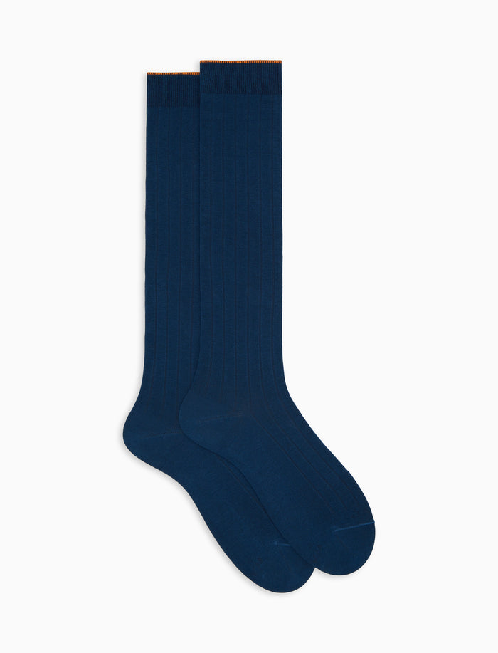 Calze lunghe donna cotone blu tinta unita a coste - Gallo 1927 - Official Online Shop