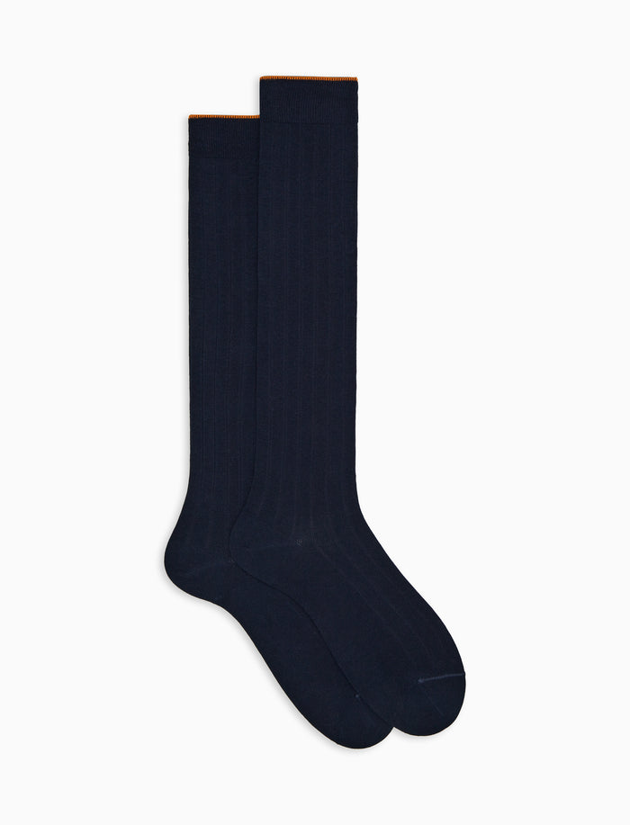 Calze lunghe donna cotone blu tinta unita a coste - Gallo 1927 - Official Online Shop