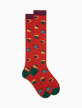 Calze lunghe donna cotone caldo arancio fantasia galli multicolore
