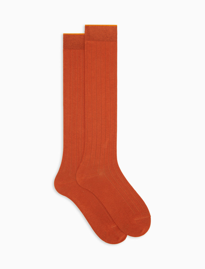 Calze lunghe donna cotone caldo arancio tinta unita a coste
